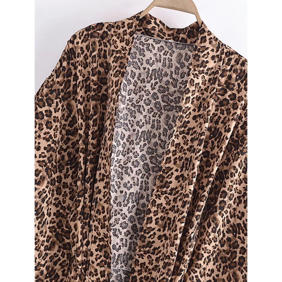 Brown Tan Leopard Animal Print Open Kimono Duster Coverup Wrap Robe Casual - Picture 3 of 8